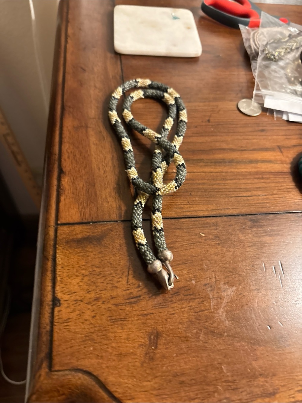 Handmade Grey & Tan Bead Crochet Snake Necklace w/925 Snake Head Clasp 33” Long